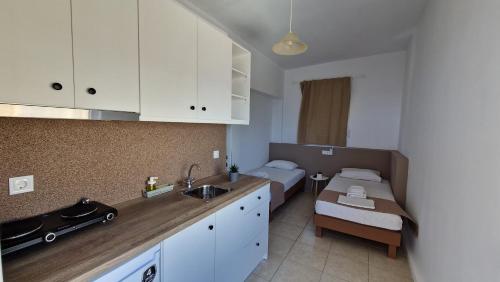a kitchen with two beds and a sink in a room at Edelweiss Rent Rooms-Rent a Car in Tsoútsouros