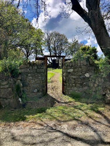 an old stone wall and a gate in a field at Ty Bach Glas in Llanhowell