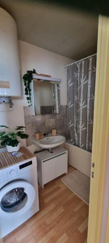 une salle de bain avec une machine à laver et un lavabo dans l'établissement Vue magnifique sur l'océan et les dunes !, à Saint-Hilaire-de-Riez