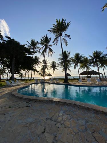 ジャパラティンガにあるBitingui Praia Hotelのヤシの木と海を望む大型スイミングプール