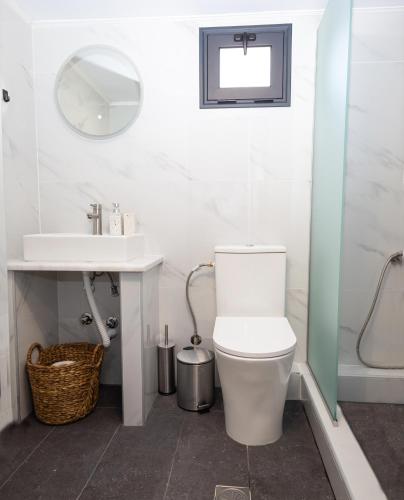 a bathroom with a toilet and a sink and a mirror at Paradise Lofts in Asprovalta