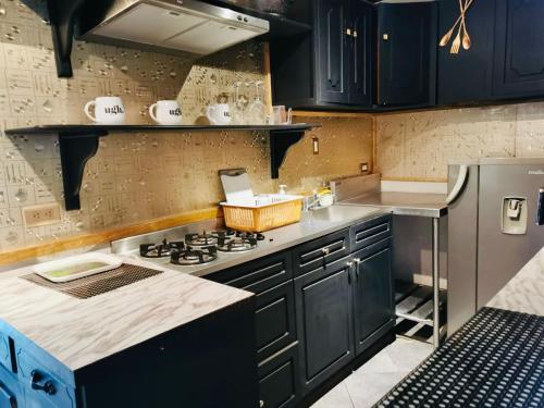 a kitchen with black cabinets and a stove top oven at Colours Oasis Resort ADULT ONLY in San José