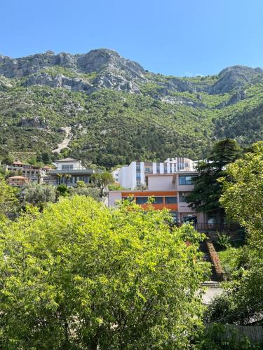 a view of a city with mountains in the background at Skanderbeg Hotel in Krujë