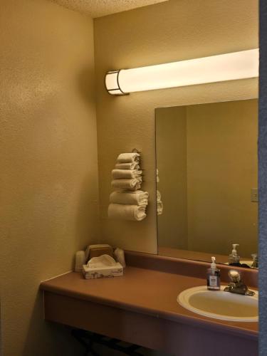 a bathroom with a sink and a mirror and towels at Sumner Motor Inn in Sumner