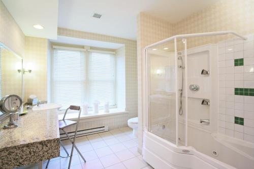 a bathroom with a shower and a sink and a toilet at The Mansion on Delaware Avenue in Buffalo