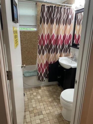 a bathroom with a toilet sink and a shower curtain at Ray's Bucktown Bed and Breakfast in Chicago