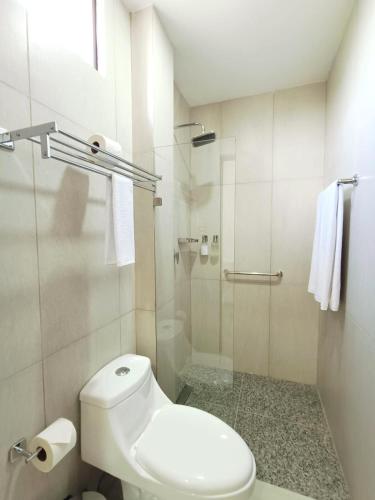 a white bathroom with a toilet and a shower at Punta Colibrí in Brisas de Zicatela