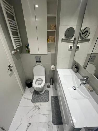 une salle de bain blanche avec toilettes et lavabo dans l'établissement Belgrade Waterfront Apartments, à Belgrade