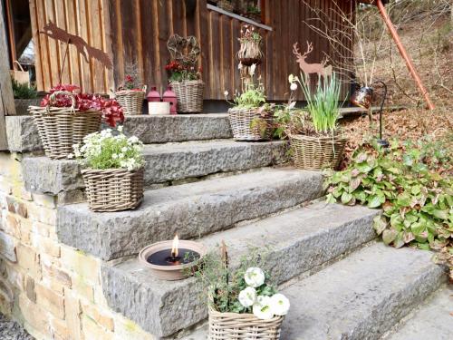 a set of stairs with baskets of plants at La Linotte in Arville