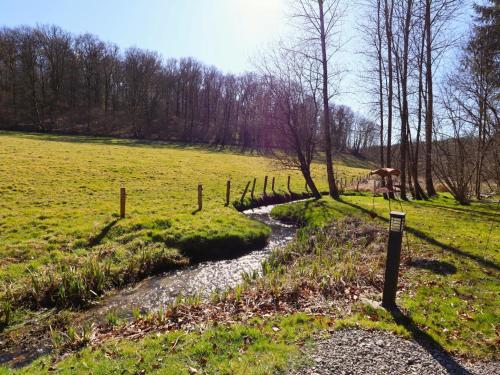 a creek in a field with a fence next to a field at La Linotte in Arville
