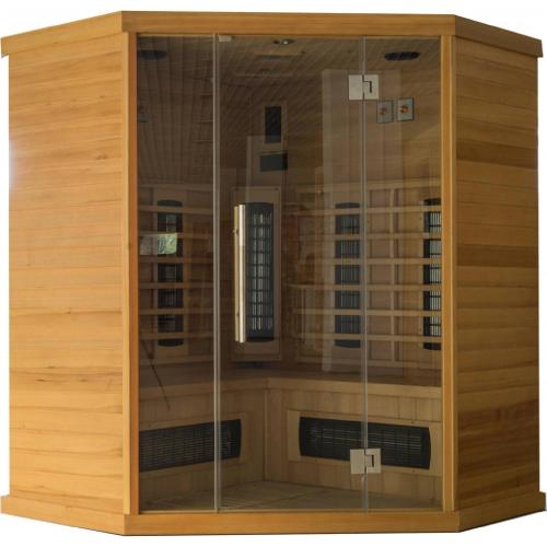 a wooden display cabinet with glass doors at Wellness Apartment Medusa in Hamr na Jezeře