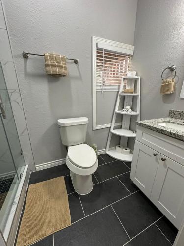 a bathroom with a white toilet and a shower at Luxury Stay in Montrose- Parma _ the Italian Plaza in Houston