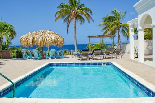 une piscine avec des palmiers et l'océan dans l'établissement Crown Ridge 12 Oceanfront, Pool, Near Dive Sites, à Kralendijk