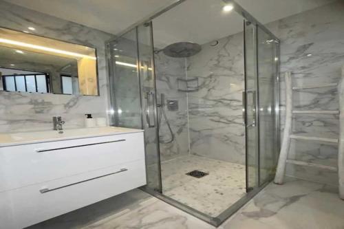 une salle de bain avec une douche, un lavabo et un miroir dans l'établissement Beautiful apartment close to the Galeries Lafayette, à Paris