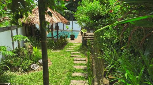 a garden with a path leading to a pool at Guesthouse Thalassa in Bunaken