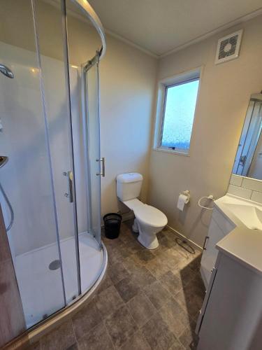a bathroom with a toilet and a glass shower at Stanley on Kimbolton in Feilding