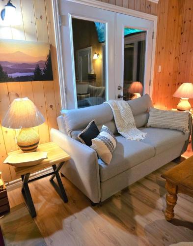 a living room with a couch and a table at La Cabane du Couturier in Sainte-ThÃ¨cle