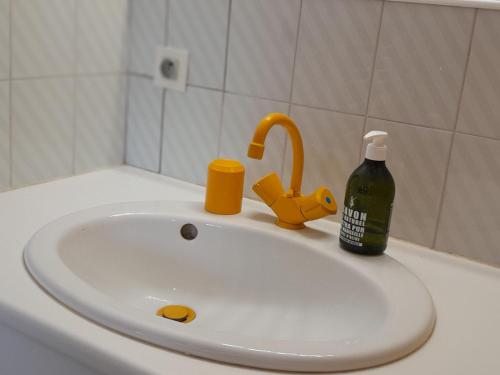 - un lavabo dans la salle de bains avec une bouteille de savon à côté dans l'établissement Villa patio face à la plage avec parking, Capbreton - FR-1-239-1123, à Capbreton