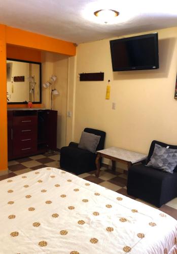 a bedroom with a bed and chairs and a flat screen tv at Hotel Jatziri in San Juan Teotihuacán