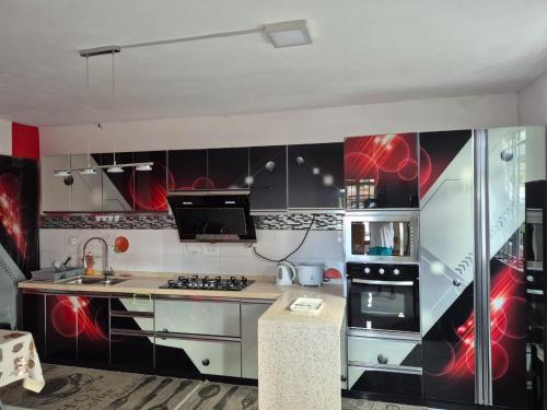 una cocina con azulejos rojos y negros en la pared en Villa Oceanie, en Mahébourg