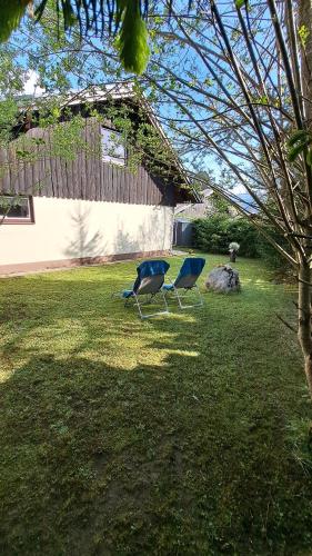 two chairs sitting in the grass in a yard at Sandras Ferienhaus Bungalow Sonnenalm in Bad Mitterndorf