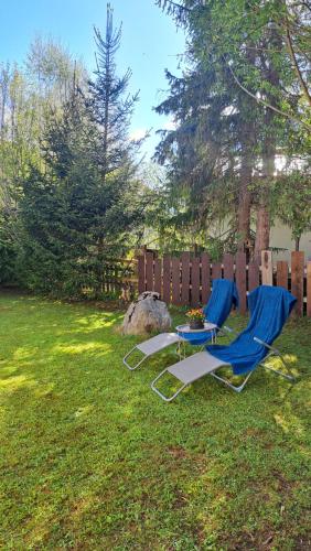 two lawn chairs and a table in a yard at Sandras Ferienhaus Bungalow Sonnenalm in Bad Mitterndorf