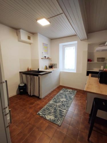 - une cuisine avec un comptoir et un tapis dans la chambre dans l'établissement Maison de village au cœur de l'Ariège, à Montgaillard