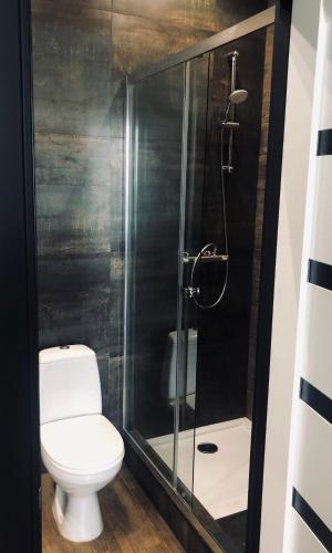 a bathroom with a toilet and a glass shower at Cozy apartment near the center in Vinnytsya