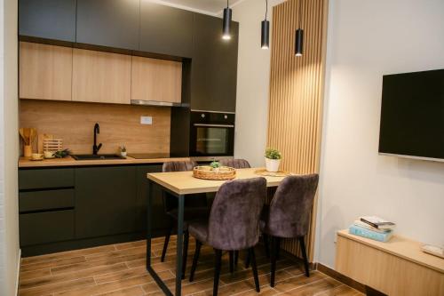 a kitchen with a table with chairs and a tv at POOL RESORT- Vila Lena- Apartman 2 in Vrdnik