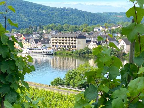 a town on a river with a boat in the water at Hotel Lellmann in Löf