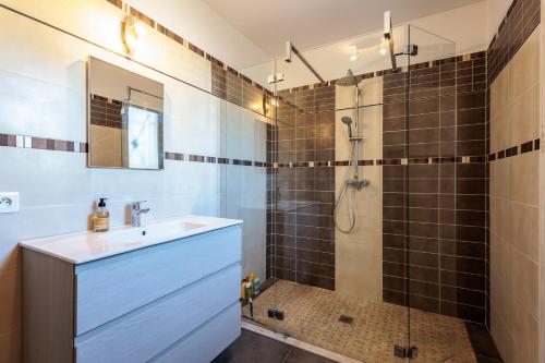 une salle de bain avec un lavabo et une douche dans l'établissement Lavande - maison climatisée avec grand jardin, à Cabrières-dʼAvignon