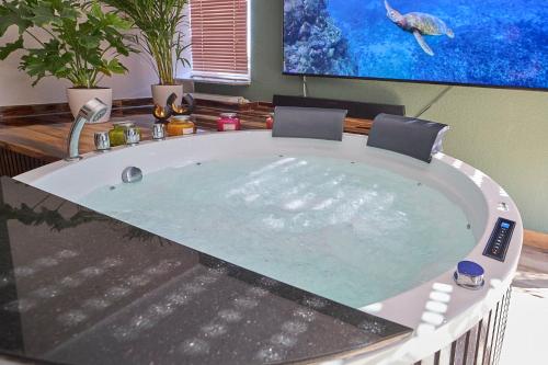 a jacuzzi tub in a room with a tv at Home of spa in Mainz