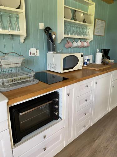 une cuisine avec des placards blancs et un four micro-ondes sur un comptoir dans l'établissement Les rives du Lay gîte rochejaquelein, à Le Boupère