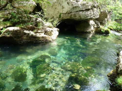 a pool of water with rocks in a river at Tente tipi nature, calme, cascade et baignade à 10 minutes à pieds in Saint-Laurent-le-Minier