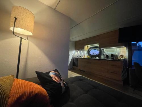 a room with a tv and a couch with a pillow at Houseboat 11 direct aan het Sneekermeer in Offingawier