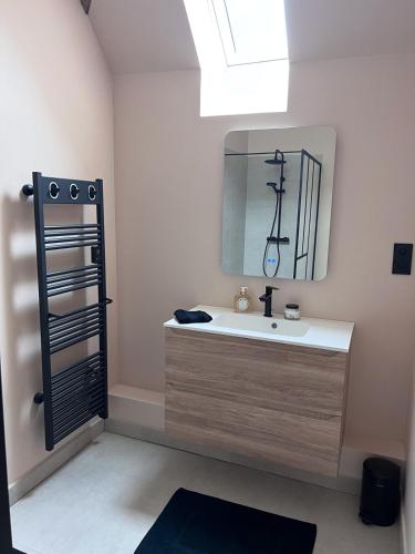 une salle de bain avec un lavabo et un miroir dans l'établissement Louis's refuge, à Breitenau