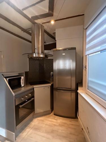 Il comprend une cuisine équipée d'un réfrigérateur en acier inoxydable et une fenêtre. dans l'établissement L Adresse Carnot - HYPERCENTRE - GARE - PARKING - HISTORIQUE, à Mâcon