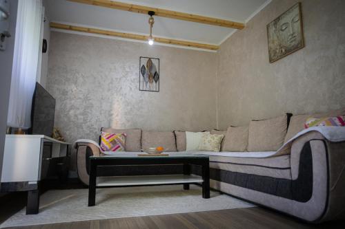 a living room with a couch and a coffee table at Potočna Vila in Mojkovac