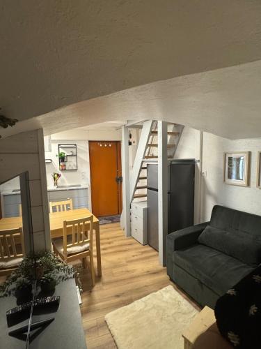 un salon avec un canapé et une cuisine dans l'établissement Atypique & cosy Hyper-centre Lyon et Quais, à Lyon