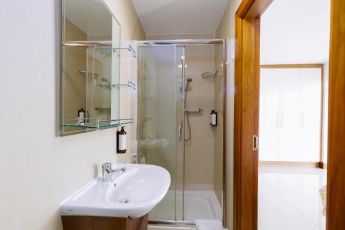 a bathroom with a sink and a shower at Tur an Tsaile - Galway Lakeside Apartments in Galway