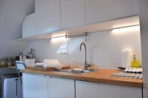 une cuisine avec un évier et un plan de travail dans l'établissement CENTRAL Paris Emplacement exceptionnel Nid coquet Tout EQUIPE salle de bains wc Vue Paris Climatisation Ascenseur, à Paris