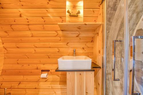 La salle de bains est pourvue d'un lavabo et d'un mur en bois. dans l'établissement Ôtonneauxstress - Plagiste, à Saint-Vivien-de-Médoc