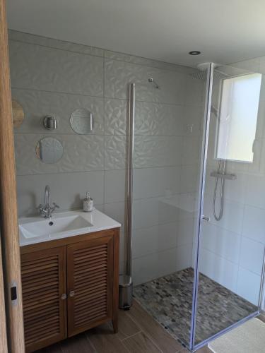 une salle de bain avec un lavabo et une douche dans l'établissement Casayean entre pins et océan, à Onesse-et-Laharie