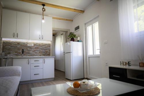 a kitchen with a white refrigerator and a table at Potočna Vila in Mojkovac