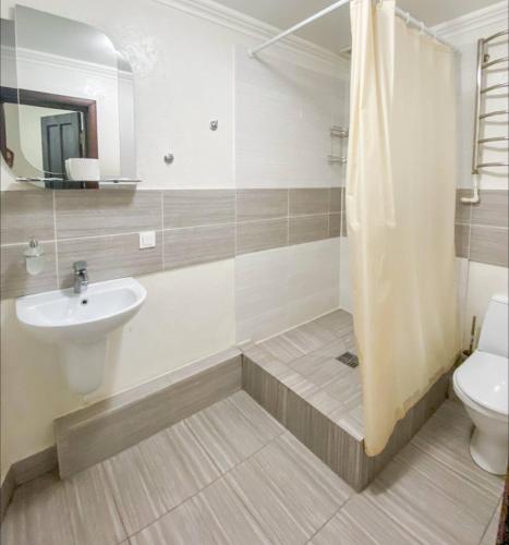 a bathroom with a sink and a toilet and a shower at Shpinat in Odesa