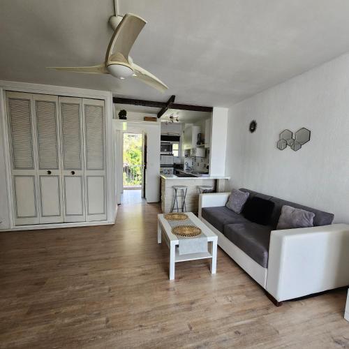 un salon avec un canapé et une table dans l'établissement Appartement à deux pas de la mer, à Saint-Laurent-du-Var