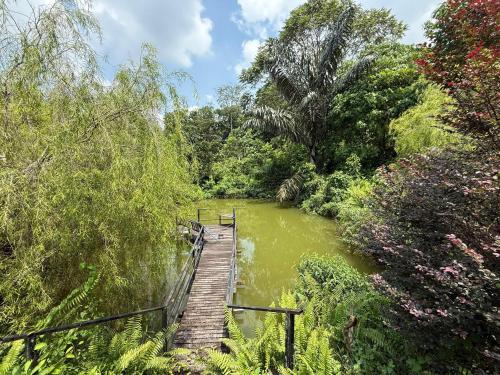 a wooden bridge over a river in a forest at Fresia Villa & Camping in Beranang