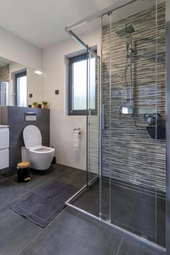 a bathroom with a toilet and a glass shower at DOMINO-domek 5 in Krościenko