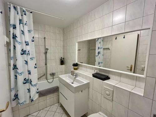 a bathroom with a sink and a shower and a mirror at Ferienwohnung für 5 Personen in Dresden