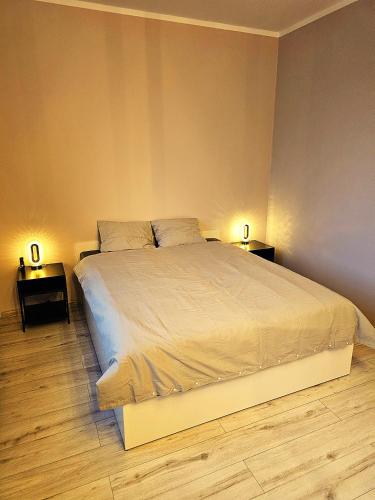 a bedroom with a large bed with two night stands at Dark Romance- Apartament BDSM Greya dla Zakochanych Par in Ruda Śląska
